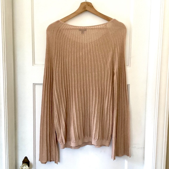 APT. 9 Metallic Champagne Gold Ribbed Lace Sweater L Bell Sleeve Holiday Party - Picture 11 of 12